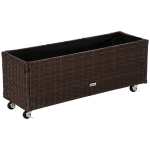 Outsunny Raised Bed Poly Rattan koos ratastega istutuskast drenaažiaukudega istutuskast kohvi pruun 94,5 x 31 x 36 cm