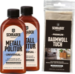 Schrader Metal Polish Universal &ndash; hooldustoode siledale metallile &ndash; puhastus- ja poleerimiskreem &ndash; 2 x 250 ml &ndash; poleerimislapiga &ndash; valmistatud Saksamaal