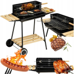 Suur aia grill varrastega, reguleeritav rest, 3 puidust riiulit, rattad