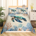 Homewish merikilpkonna 135 x 200 cm voodipesukomplekt poistele t&uuml;drukutele ookeani teemaline tekkekott, mereloomade kilpkonna mustriga tekikott, merevetika dekooriga voodipesu mereloomade kilpkonna voodikate