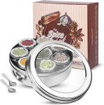 Ksjone Masala Dabba v&uuml;rtside hoiukarp 8 sektsiooniga, Masala karp, v&uuml;rtside hoiukarp, roostevabast terasest v&uuml;rtsipurk, India Masala Dabba l&auml;bipaistva kaane ja 2 lusikaga