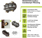 Licht-erlebnisse Skiathos v&auml;lisseina valgusti messingklaas roostepruun antiik ip64 &otilde;ue terrassi w 21 cm e27 gofreeritud nostalgiline mereline v&auml;lilamp aeda