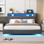 Voodi 140x200 cm, USB-&uuml;henduse ja LED-valgustusega, kokkupandav peatsiplaat, peidetud jaluts, kaheinimesevoodi, hall