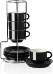 Sweejar Home portselanist espressotassid alustassidega, 70 ml virnastatavad cappuccinotassid metallist alusega kohvijookidele, latte'le, teele, 4 tk komplekt (must)