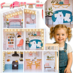 Happy Kiddo puidust nukumaja LED-valgustusega ja m&ouml;&ouml;bliga &ndash; 3 korrust