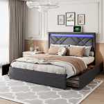 Voodi 160 &times; 200 cm, LED-valgustuse ja USB-pordiga, kaheinimesevoodi, neli sahtlit, tumehall, linane kangas