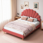 Polsterdatud lastevoodi 140 x 200 cm, t&uuml;drukute voodi liistudest raamiga, lillekujulise peatsiga, samet, punane