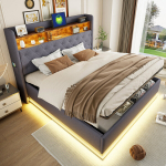 Voodi 180 x 200 cm, LED-valgustuse ja USB-pordiga, panipaigaga, linane kangas, hall