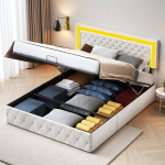 Voodi 140 x 200 cm, LED-valgustuse ja hoiukastiga, beež, samet