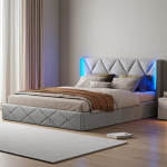 Voodi 140 x 200 cm, LED-valgustusega, hall, samet