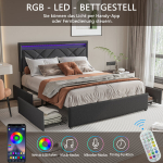 Voodi, 160 x 200 cm, USB-laadijaga, LED-valgustuse ja 4 sahtliga, liistudest voodiraam, hall