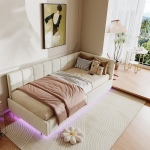 H&uuml;drauliline diivanvoodi, 90 x 200 cm, beež, LED ja USB, samet