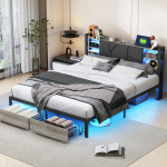 Pehme voodi LED-valgustuse, sahtlite ja USB-&uuml;hendustega, 140&times;200 cm, must