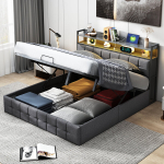 Kaheinimesevoodi 140 x 200 cm, polsterdatud voodi LED-valgustuse, USB Type-C pordi ja panipaigaga teismelistele ja t&auml;iskasvanutele, hall linane kate