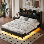 Moodne LED-valgustusega kaheinimesevoodi, 2 USB-porti, h&uuml;drauliline voodi lamellraamiga, 140x200 cm, must PU-nahk, ilma madratsita