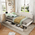 Diivanvoodi 90x200cm - LED ja USB - 2 sahtlit - samet - beež