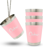 Roostevabast terasest napsuklaaside komplekt kettidega Cheers roosa 40 ml 4 tk