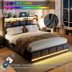 Voodi 160&times;200 cm, madratsi, LED-valgusti ja USB-liidesega, peatsi juures panipaik, h&uuml;drauliliselt t&otilde;stetav voodiraam, must, PU