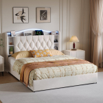 Kaheinimesevoodi, 160 x 190 cm, RGB LED-valgustusega, USB Type-C, beež, samet