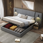 Polsterdatud voodi 180x200 cm, pikk seljatugi, lugemislamp, USB, h&uuml;drauliline, samet, hall