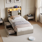 &Uuml;heinimesevoodi 90x200cm kahe sahtli ja panipaigaga - LED ja USB - linane - beež