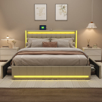 Polsterdatud kaheinimesevoodi 180&times;200 cm LED-valgustuse, 4 sahtli ja USB-laadimisega &ndash; linane voodi peatsiga, beež