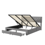 Polsterdatud voodi panipaiga ja sahtliga, kaheinimesevoodi restp&otilde;hjaga, samet, hall 180x200 cm