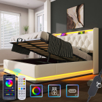 Polsterdatud voodi 180x200 cm, 360&deg; LED, nupu/rakenduse/puldiga, PU, h&uuml;drauliline, USB C, valge, ilma madratsita