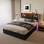 Voodi, 140 x 200 cm, must, PU nahk, gaasit&otilde;stukiga, LED-valgustusega, USB- ja C-t&uuml;&uuml;pi portidega, peatse hoiuruumiga