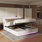 Kaheinimesevoodi panipaigaga, USB-laadimise ja LED-valgustusega, beež, linane, voodi 160x200, ilma madratsita