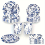 80-osaline Sinine ja Valge Lilleline Peokomplekt - Elegantne Paberlauatarvikud Pulmadeks.