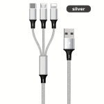 3-&uuml;hes Kiirlaadimiskaabel - Universaalne IPhone, T&uuml;&uuml;p-C, Micro USB Seadmetele, Sidabrinis