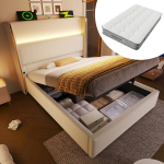 H&uuml;drauliline voodi LED, USB/Type-C, madratsiga, 90x200 cm, 3 karpi