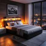 Voodi LED-valgusega, 140 x 200 cm, kaheinimesevoodi USB-laadimisega, peats hoiukastiga, must, PU, ilma madratsita