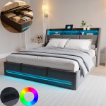 Voodi hoiukastiga 160x200 cm LED ja USB, skandinaavia stiil, liistudega voodip&otilde;hi, kaheinimesevoodi, voodiraam 160x200, hall