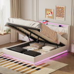 Polsterdatud kaheinimesevoodi, 160x200 cm, panipaigaga, LED-valgusti, USB-pesa, valge samet