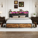 Voodi, 180 x 200 cm, pruun, metalli ja puidu, 4 sahtliga, LED-valgustusega, USB-ga