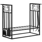 Kaminapuude hoidja koos kamina t&ouml;&ouml;riistadega, k&uuml;ttepuude riiul, tulepuude hoiustaja, terasest must 75 x 30 x 60 cm