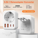 Denlane adapter Itaalia pistikupesale, 5 &uuml;hes reisiadapter Itaaliasse 1 vahelduvvoolu, 2 Usb-c ja 2 Usb-a (3.4a) pordiga, 3 kontaktiga Itaalia pistikuadapter T&scaron;iili, Uruguay, Etioopia, Eritrea, S&uuml;&uuml;ria jaoks, reisipistiku t&uuml;&uuml;p L
