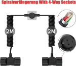 Yeapow maanduskontaktiga spiraalpikendus 4 pistikupesaga, 2 m Ac Topelt-schuko pistikuga plastkaabel, kuni 16 A / 250 V, Ip20, must