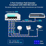 Yuanley 4 pordiga v&auml;listingimustes poe pikendaja 1 sisse 3 v&auml;lja, ieee 802.3af/at mini, 4 kanaliga poe repiiter, ip66 veekindel, vlan, pikendab 250 m (kokku 350 m), seinale kinnitatav, passthrough poe v&otilde;imendi, plug and play