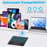 Bluetooth klaviatuur puuteplaadiga, juhtmevaba bluetooth klaviatuur tahvelarvutile ipad, &uuml;hildub android/ios/windowsiga, qwertz saksa paigutus, juhtmevaba klaviatuur 7 v&auml;rviga, valgustusega usb-c
