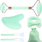 Nujvnuj 6-osaline jade gua sha kivikomplekt, n&auml;orull, ilumassaažiseade naha pinguldamiseks, jade rullmassaažikomplekt vananemisvastaste kortsude vastu, v&auml;hendab silmade turseid (roheline)