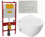 5-in-1 komplekt: VIBA Rimless WC-pott bideefunktsiooniga, kuuma/k&uuml;lma vee segistiga + slim soft close duroplastist istumik + professionaalne raam valge MEGA nupuga
