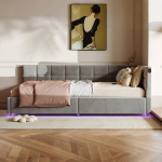 Voodi 90*200 cm, LED-valgustuse ja USB-pordiga, &uuml;heinimesevoodi, hall, samet