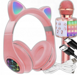 Happy people andy muusikakomplekt &ndash; traadita bluetooth k&otilde;rvaklapid cat ear ja karaoke mikrofon, roosa