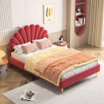 Polsterdatud voodi Lastevoodi 140 x 200 cm &uuml;heinimesevoodi t&uuml;drukute voodi restraamiga, lillekujulise voodipeatsiga voodi, kaheinimesevoodi, noorte voodiraam sametkangast kattega, veiniroos, ilma madratsita