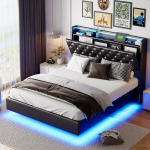 Voodi 160 x 200 cm, LED-valgustusega, USB-pordiga, must