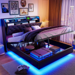 Moodne LED-valgustusega kaheinimesevoodi, 2 USB-porti, h&uuml;drauliline voodi lamellraamiga, 160x200 cm, must PU-nahk, ilma madratsita