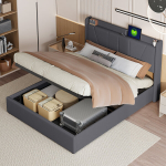 Kaheinimesevoodi, 160x200 cm, USB-laadimisega, panipaigaga, liistudest raam, hall, linane